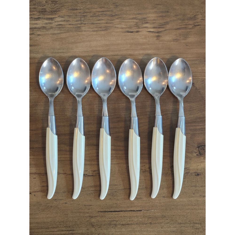 Vintage Robinson USA Stainless Steel Teaspoon Lot of 6 White Handle MCM Retro